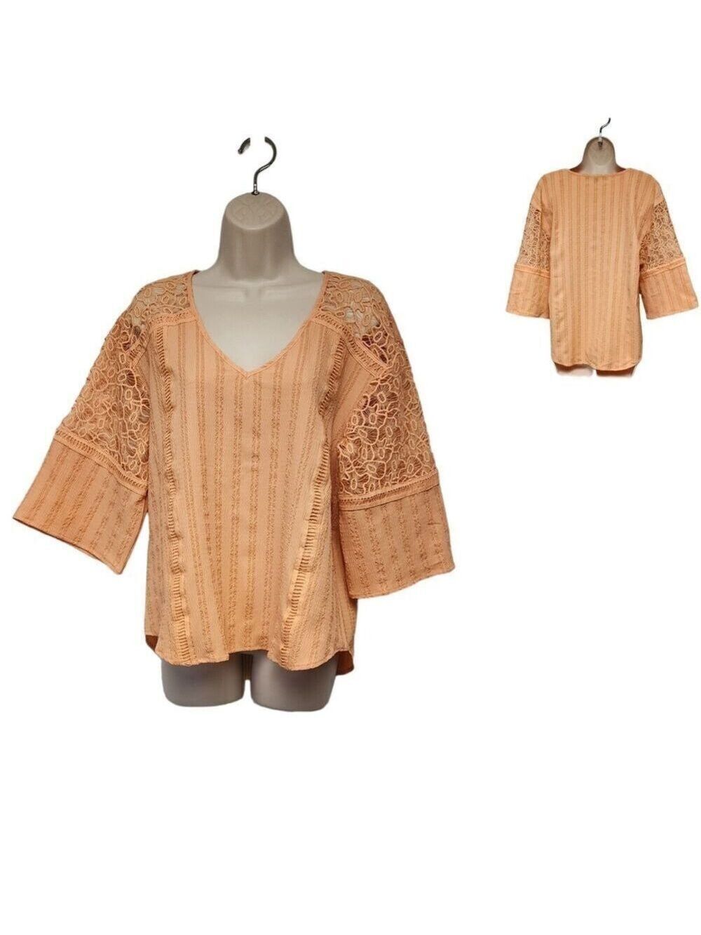 Marc New York Andrew Marc Peach 3/4 Lace Sleeve V-Neck Blouse Top Size M